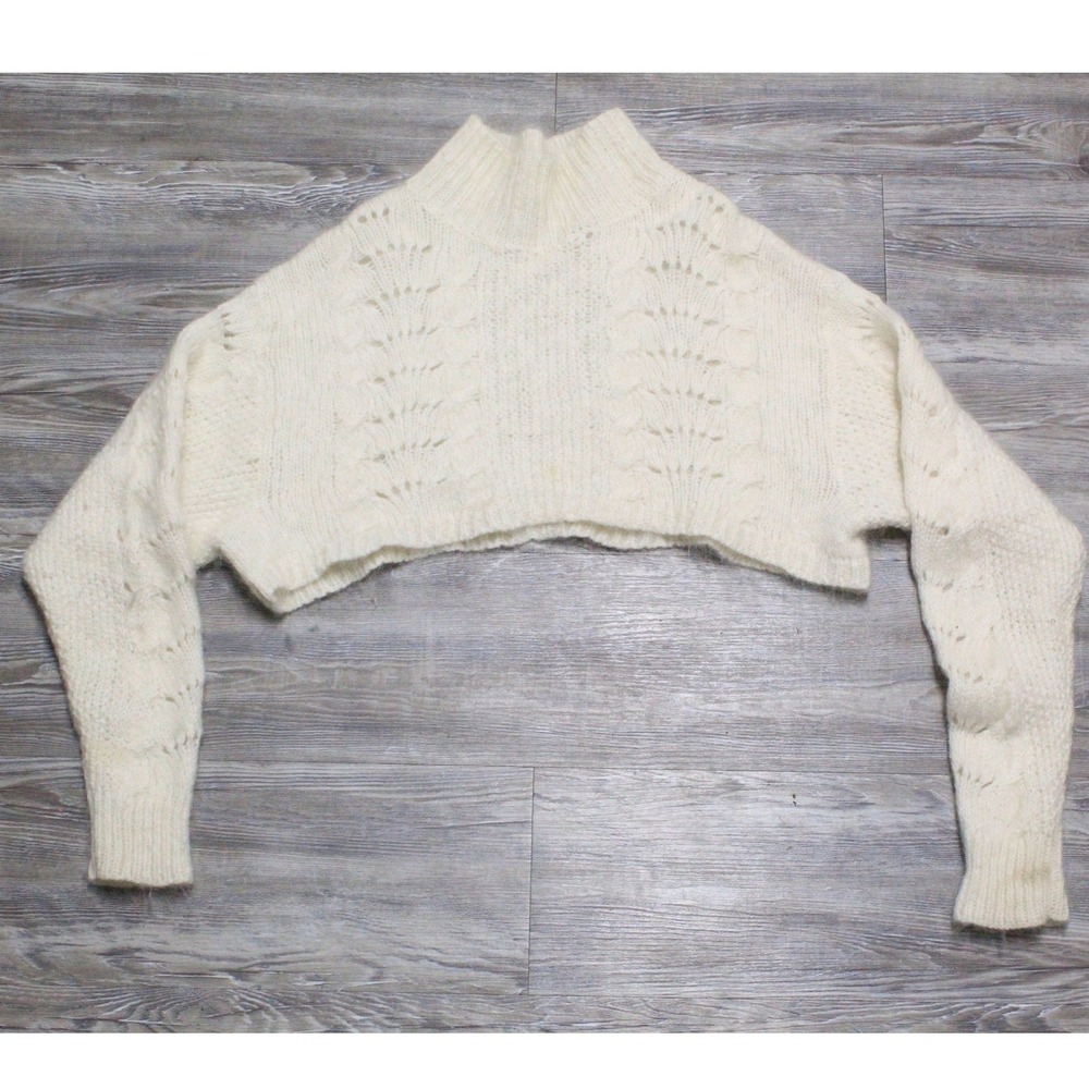 Free People Womens Small Cropped Mock Neck Sweater Ivory Mohair Wool Cable Knit